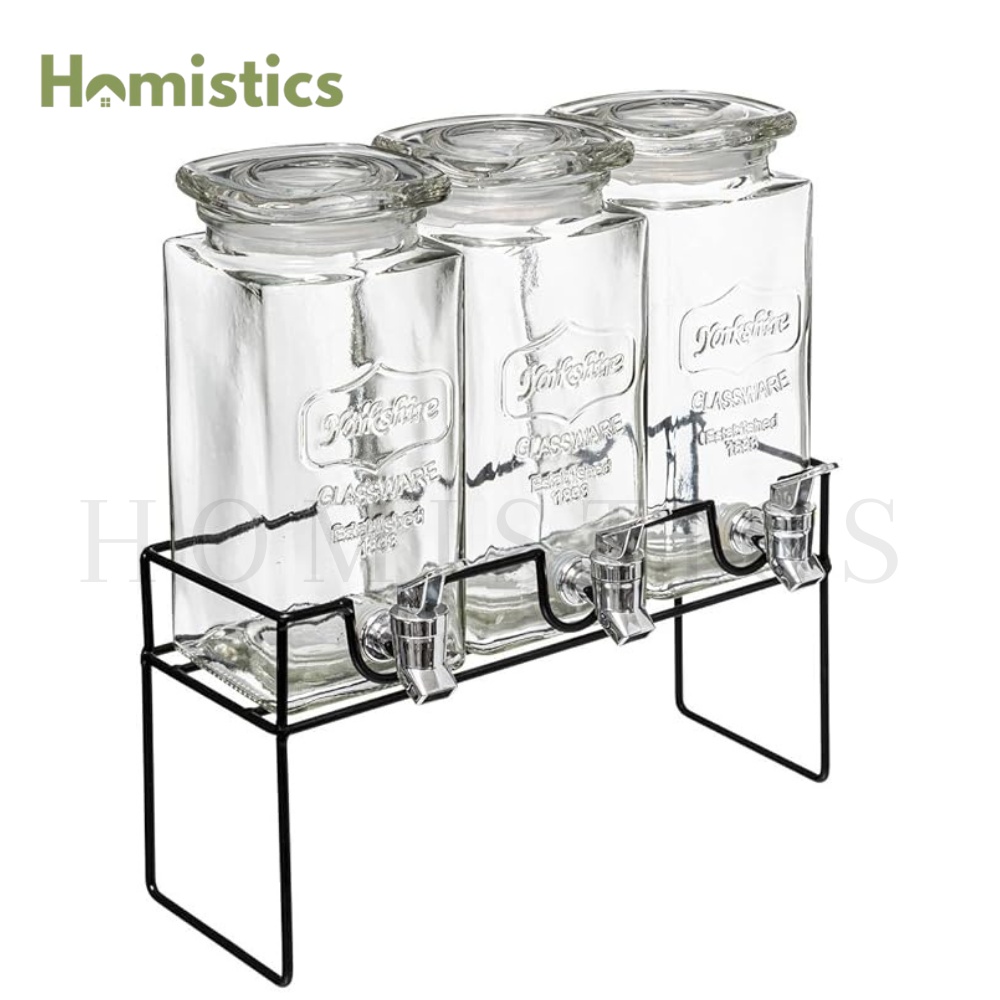 Beverage Dispenser with Metallic Stand | Dual Glass Drink Dispenser for Juice, Water, Lemonade & Cocktails