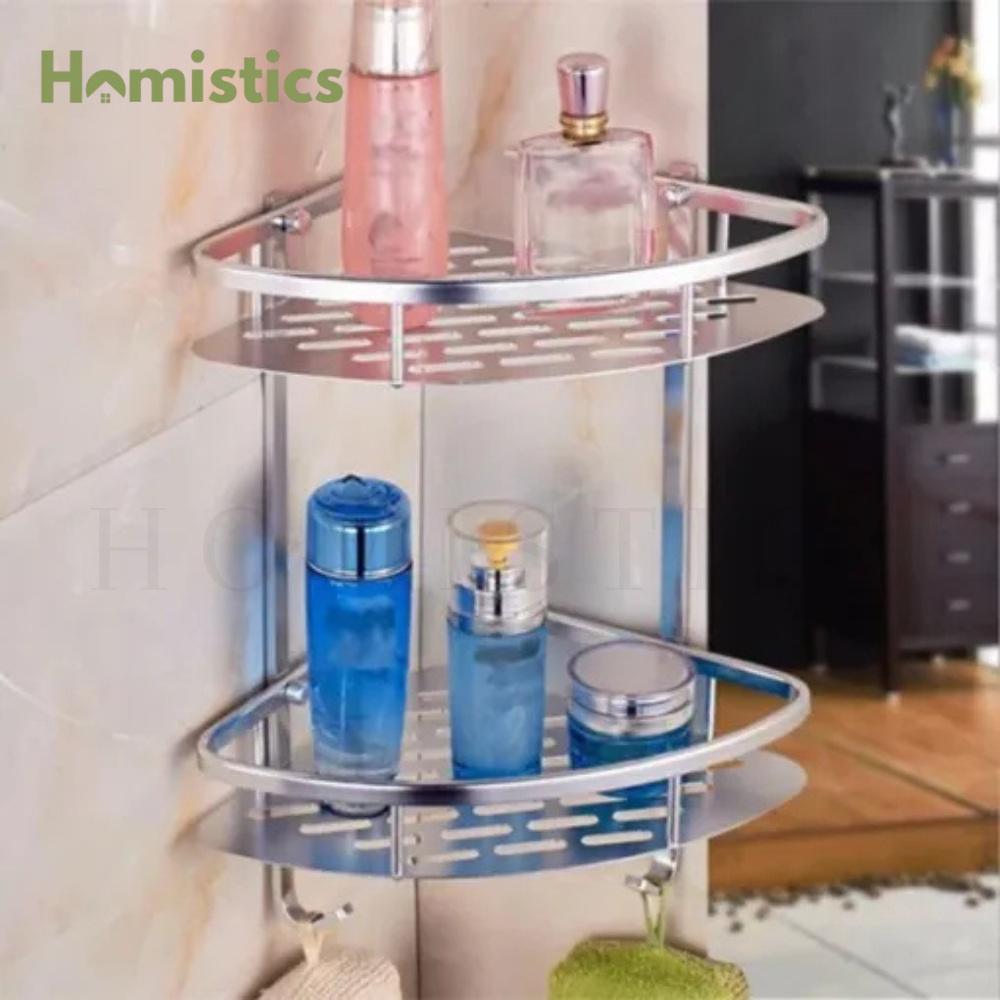 2 Layer Wall Mounted Aluminium Corner Shelf Rack