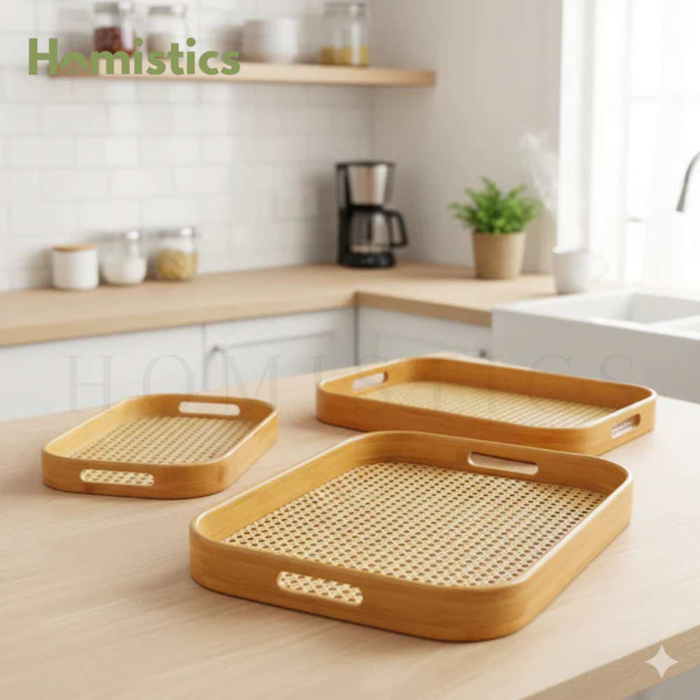 Generic Stylish Bamboo Serving Tray with Easy-to-Carry Handles 3 PCS SET