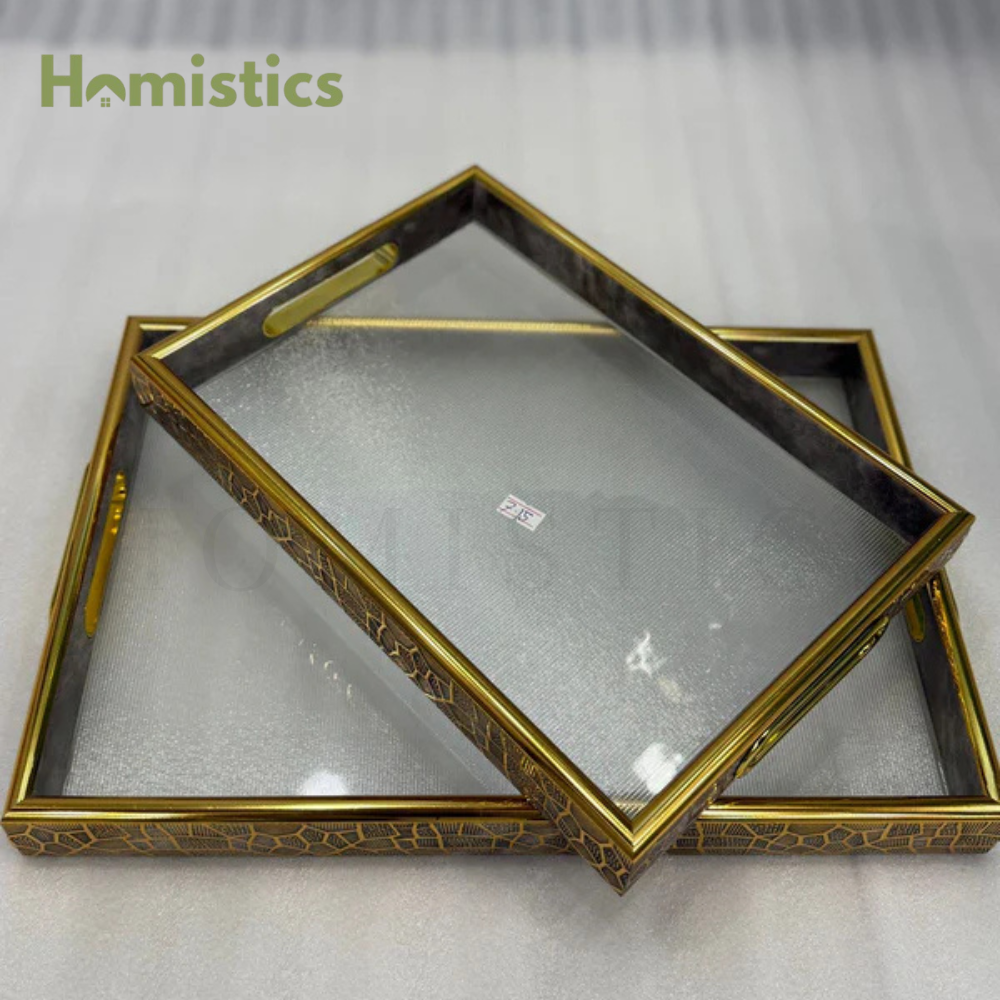 Luxury 2-Piece Glass Luxury Gold And Brown/Black Ornate Serving Tray Set