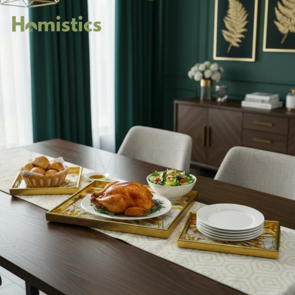 Luxury 3-Piece Gold Leaf And White Marble Pattern Serving Tray Set