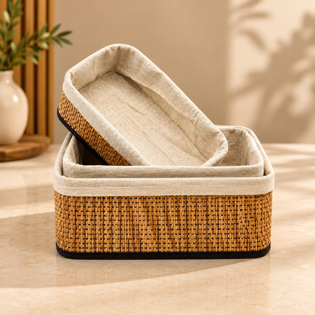 Premium Bamboo Storage Basket Set – 3 Pcs | Rectangle