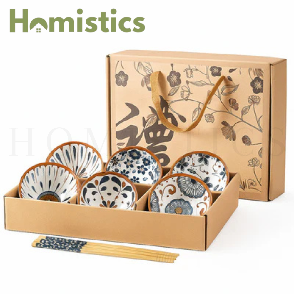 Japanese Floral Ceramic Bowls – Set of 6