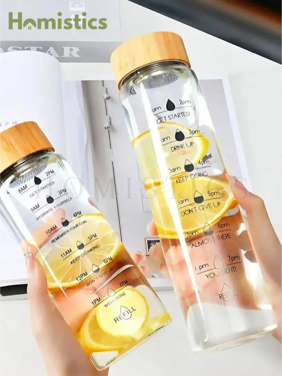 1200ml Glass Water Bottle with Time Markings & Bamboo Lid -Motivational Hydration Tracker