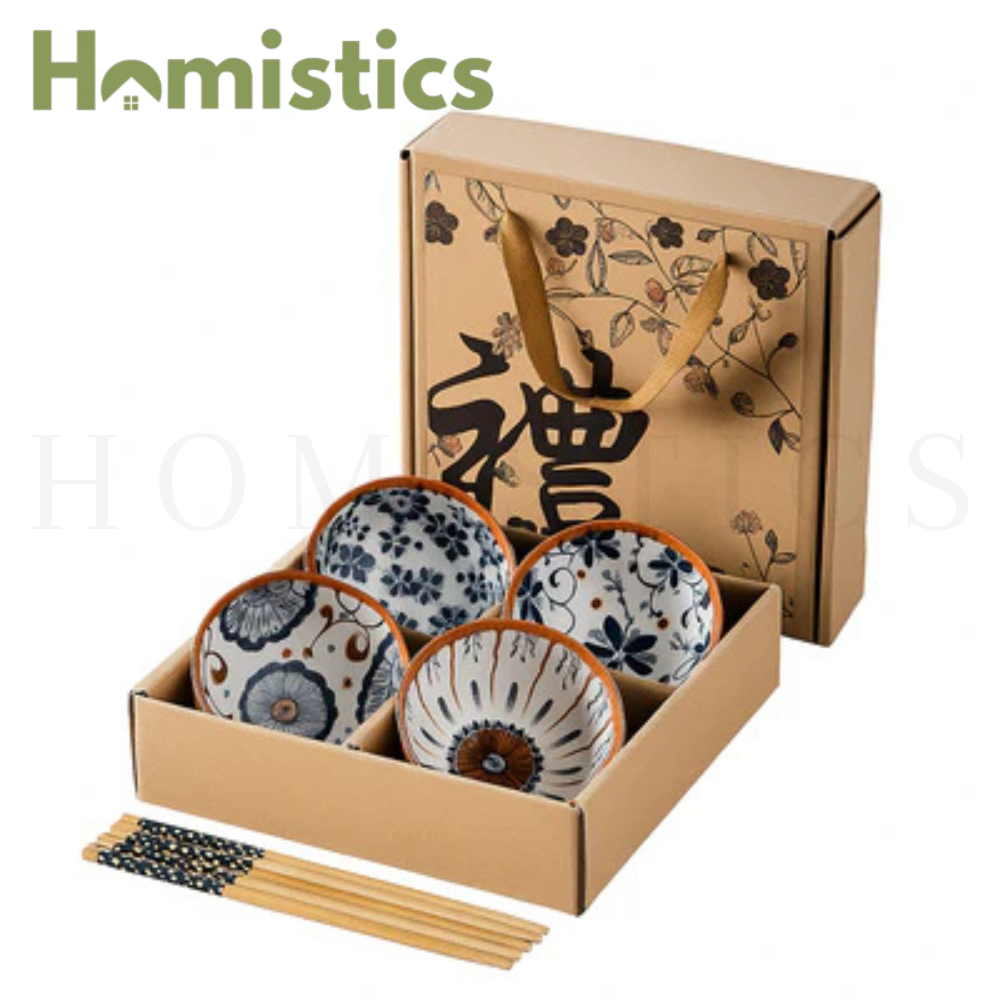 Japanese Floral Ceramic Bowls – Set of 4