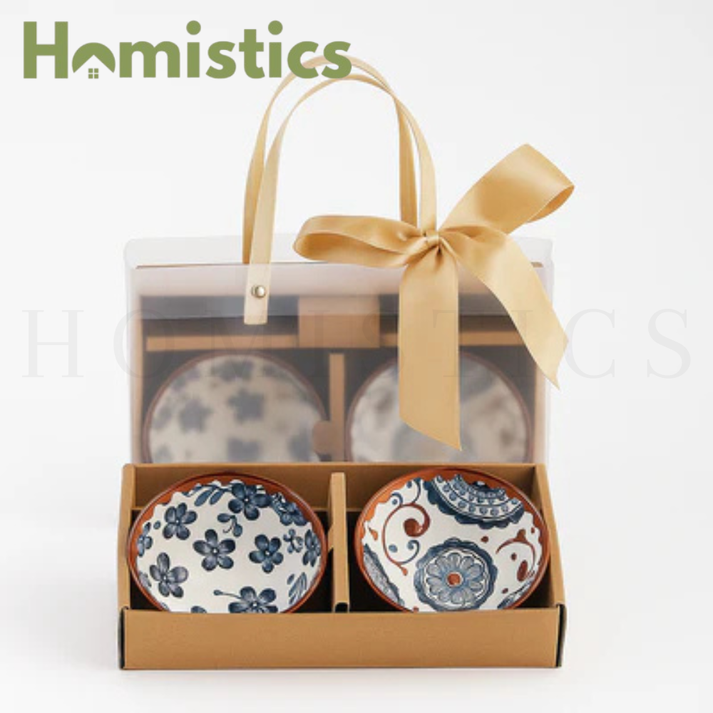 Elegant Japanese Ceramic Bowls with Golden Ribbon Bag – Set of 2