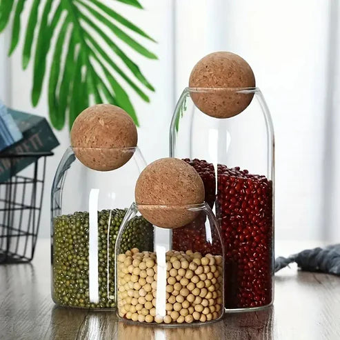 3-Piece Glass Jar Set with Cork Ball Tops Natural -Elegance for Your Storage Needs