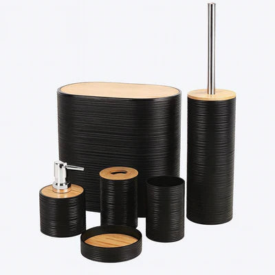 Modern Black Bathroom Accessory Set with Bamboo Accents