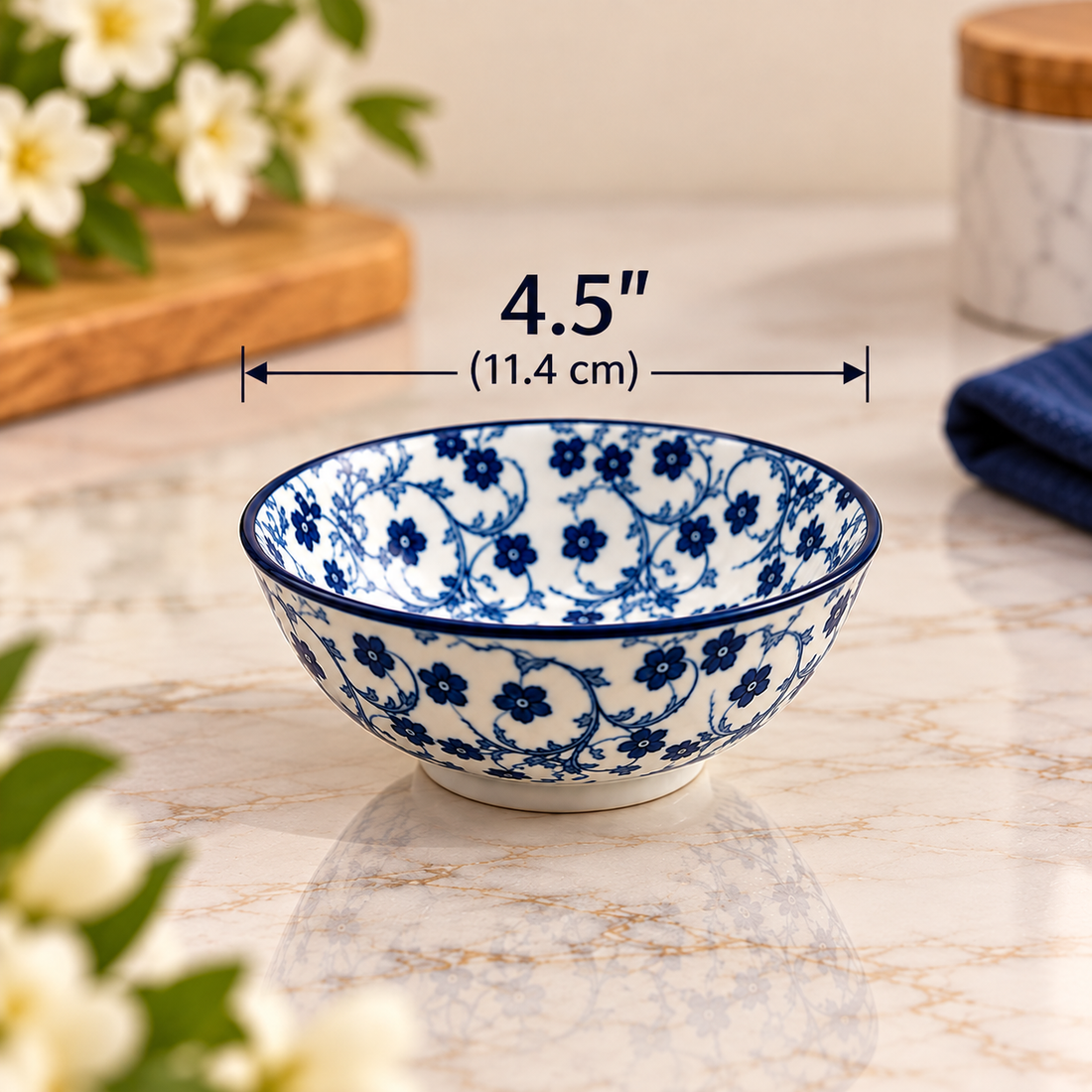 Blue & White Floral Ceramic Bowl – Decorative Serving & Mixing Bowl | 4.5"