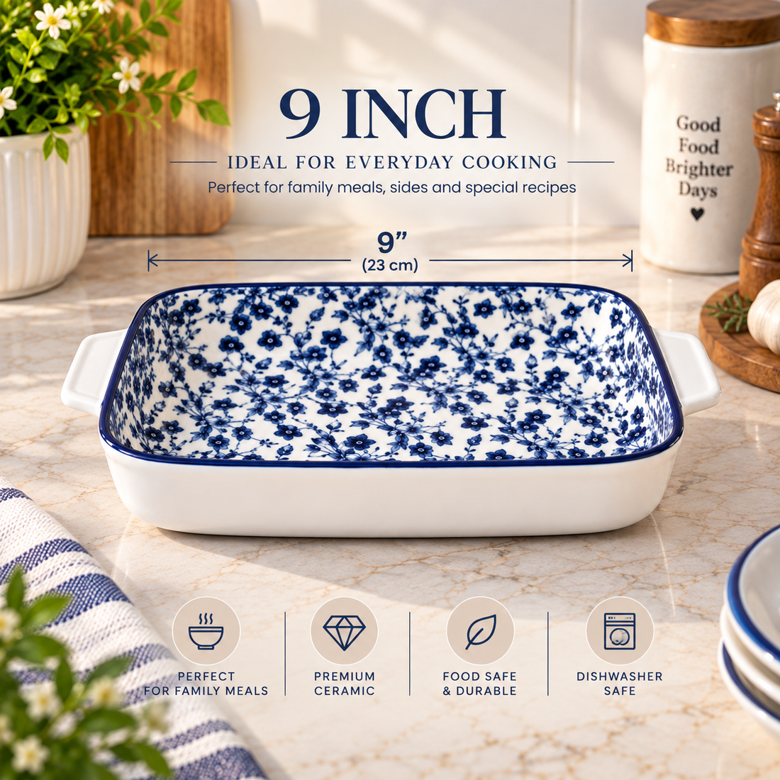 Blue Floral Ceramic Baking Dish – Elegant Oven Safe Casserole Dish