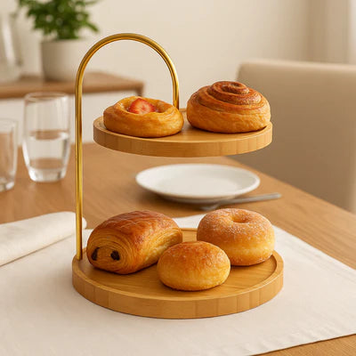 2-Tier Bamboo Serving Stand with Gold Metal Handle