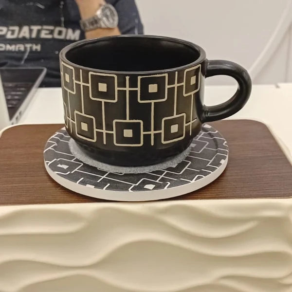 Black Geometric Ceramic Cup & Saucer Set