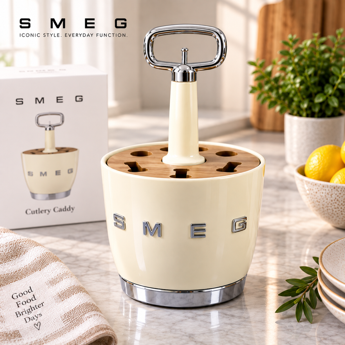 SMEG Cutlery Caddy – Kitchen Utensil Holder – Cream