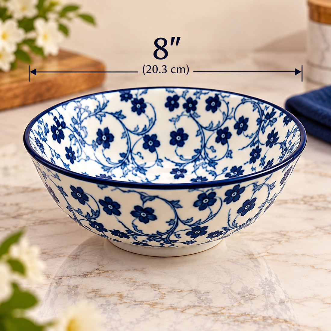 Blue & White Floral Ceramic Serving Bowl – Elegant Decorative & Dining Bowl | 8"