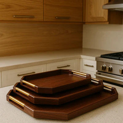 Premium Walnut Wooden Serving Tray Set with Gold Handles (3-Piece)