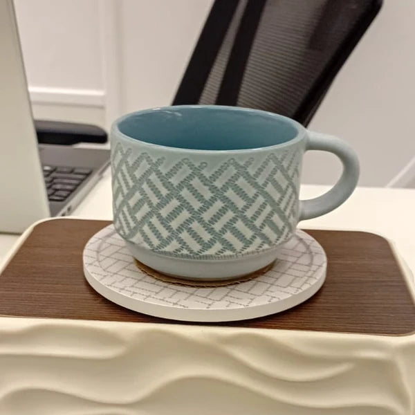 Blue Geometric Ceramic Cup & Saucer Set