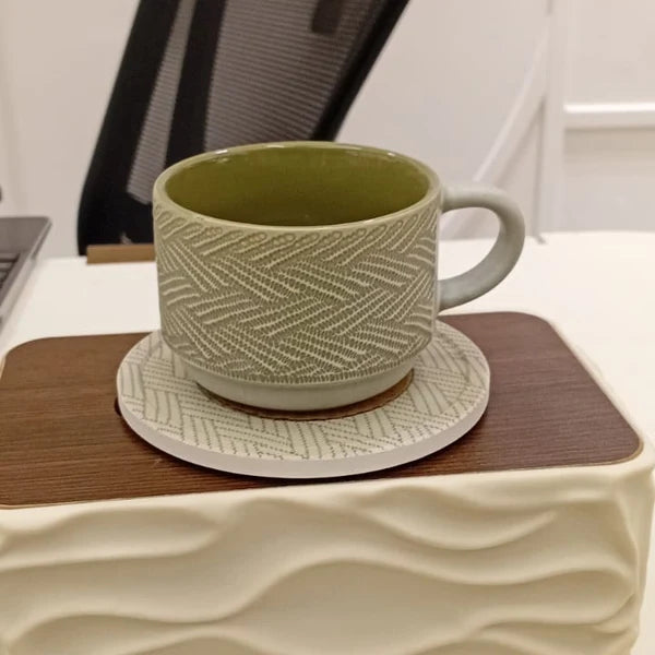Olive Green Textured Ceramic Cup & Saucer Set