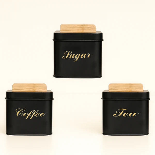 3-Piece Square Metal Sugar Canister Set with Bamboo Lids - Black