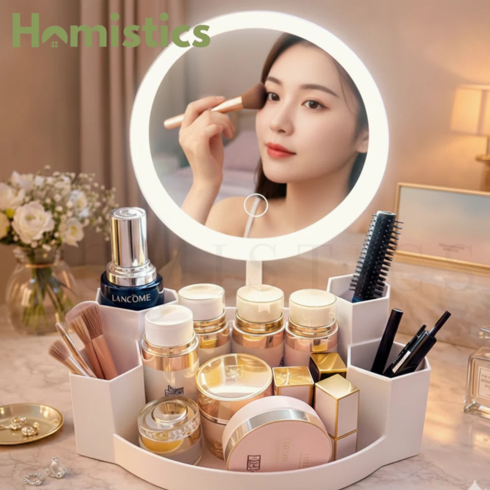 Luxury LED makeup mirror with adjustable brightness and built in cosmetic organizer for dressing table
