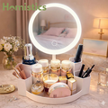 Luxury LED makeup mirror with adjustable brightness and built in cosmetic organizer for dressing table