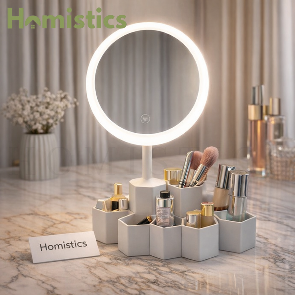 LED makeup mirror with multi-compartment cosmetic storage