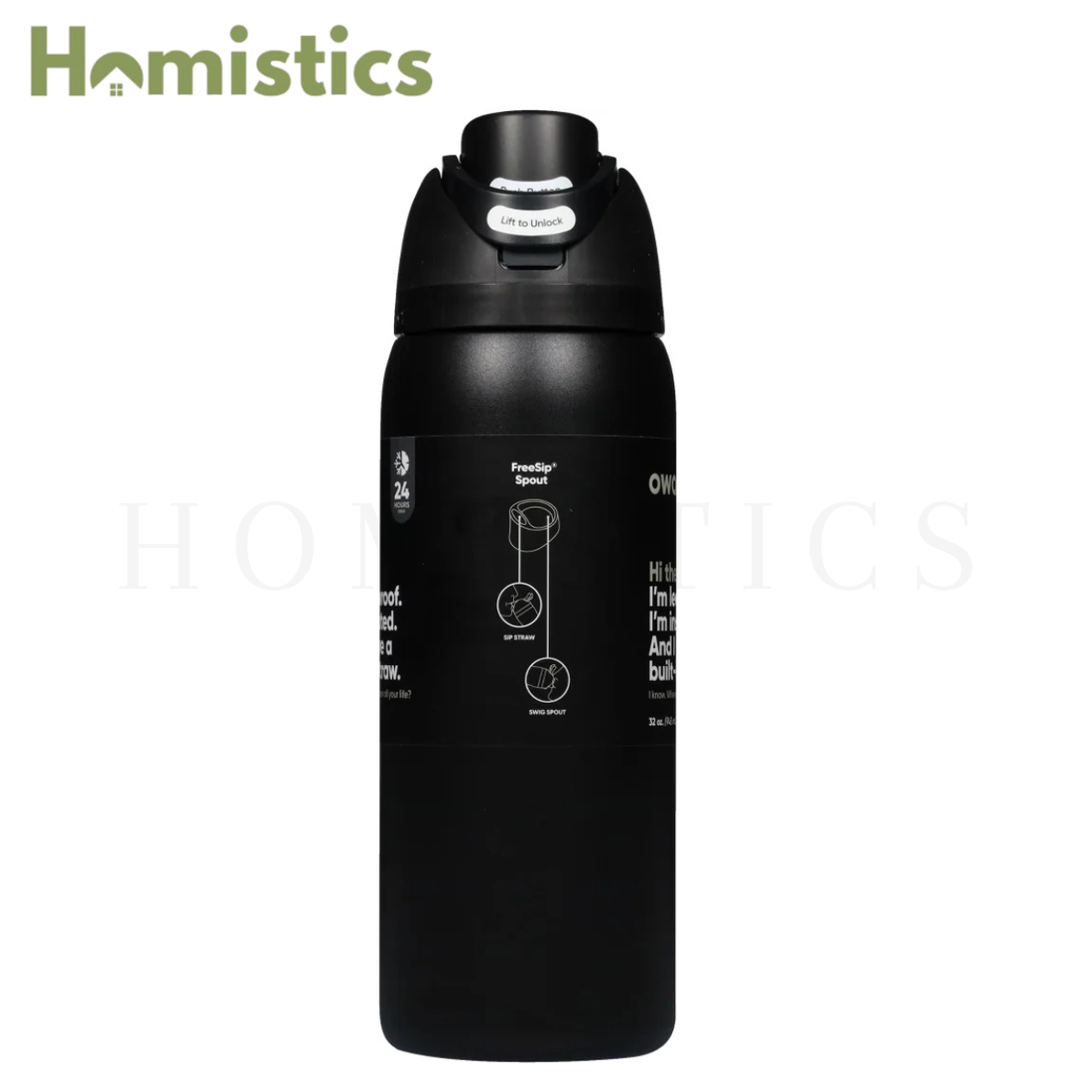 Owala FreeSip 32oz black insulated stainless steel water bottle front view