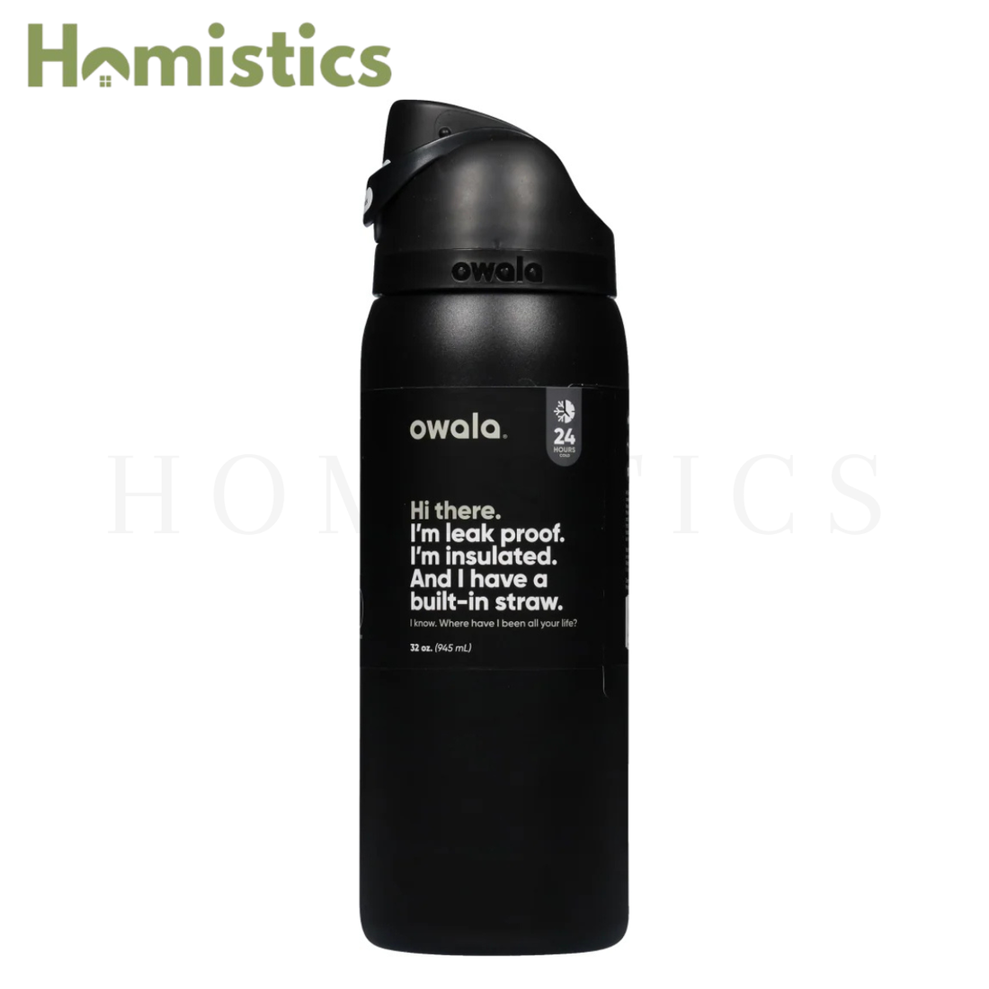 Owala FreeSip 32oz black insulated stainless steel water bottle front view