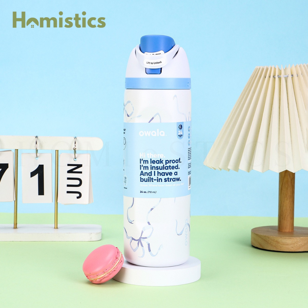 Owala FreeSip 32oz Tied & True Blue Bow water bottle front view Pakistan