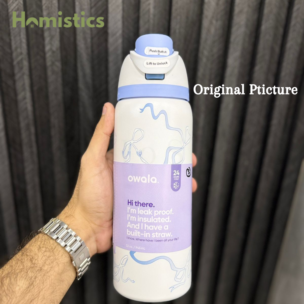 Owala FreeSip 32oz Tied & True Blue Bow water bottle front view Pakistan