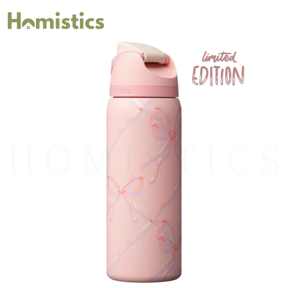 Pink water bottle with floral design and 'Homistics' branding on a white background