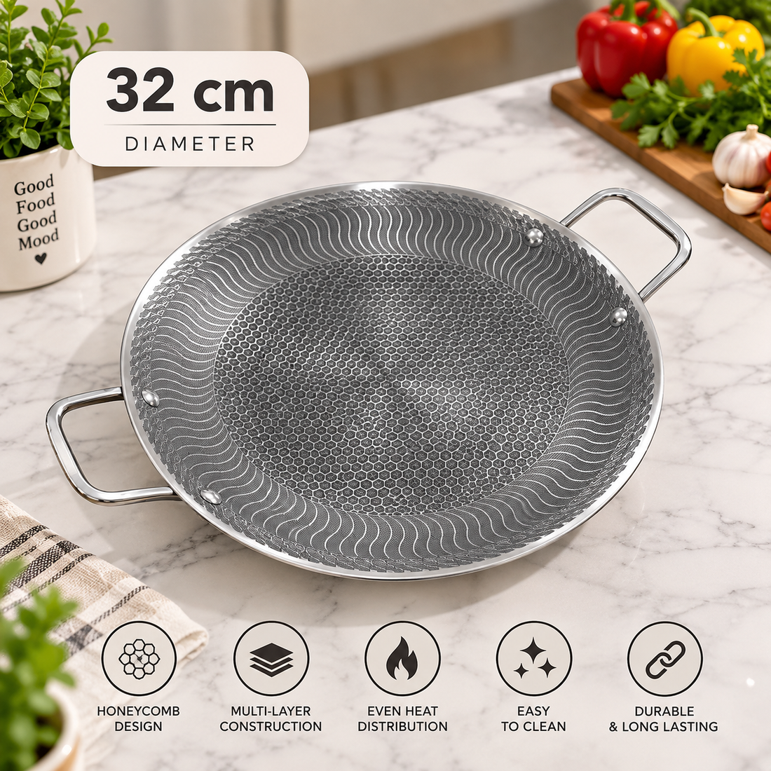 Premium Honeycomb Stainless Steel Pan – 32cm & 34cm