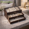 Luxury 3 layer wooden jewelry organizer box with glass display and velvet compartments for rings bangles and necklaces