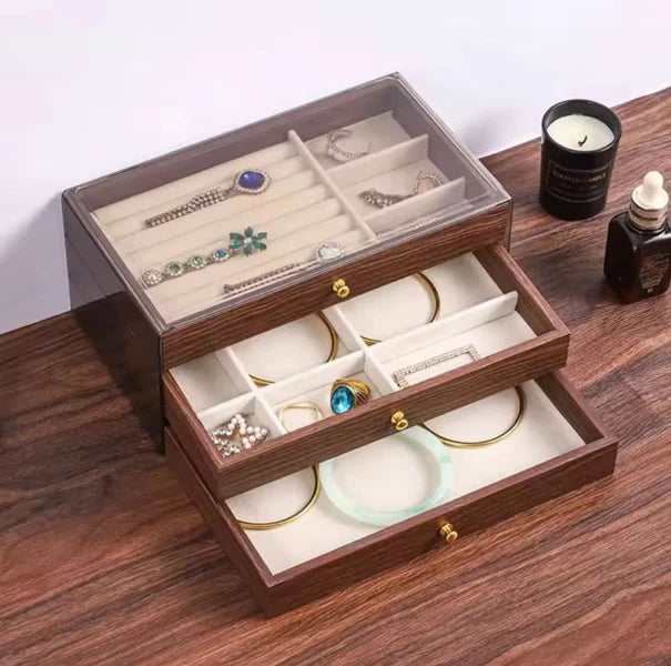 Luxury 3 layer wooden jewelry organizer box with glass display and velvet compartments for rings bangles and necklaces
