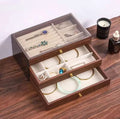 Luxury 3 layer wooden jewelry organizer box with glass display and velvet compartments for rings bangles and necklaces