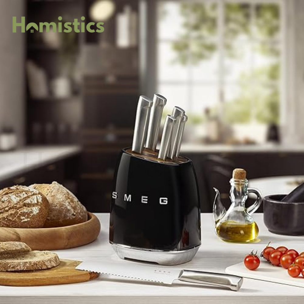 SMEG black kitchen knife set stainless steel