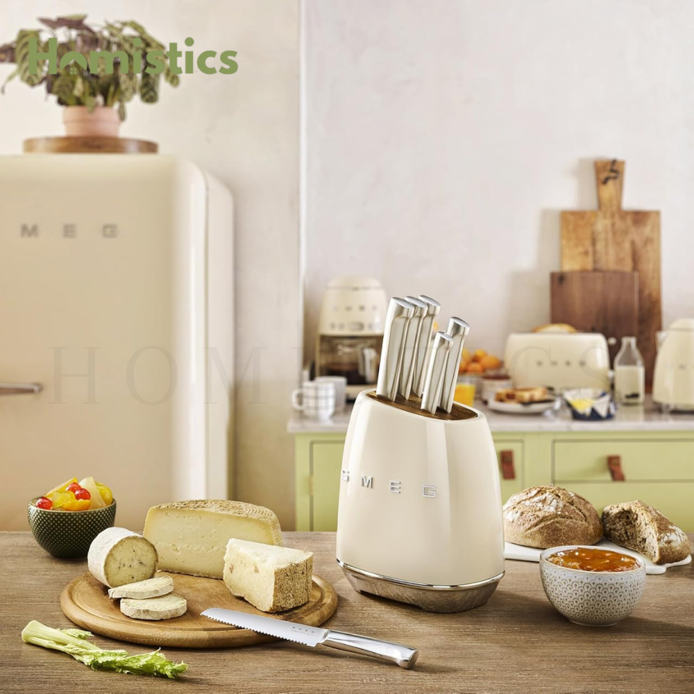 SMEG 7-piece knife block set cream