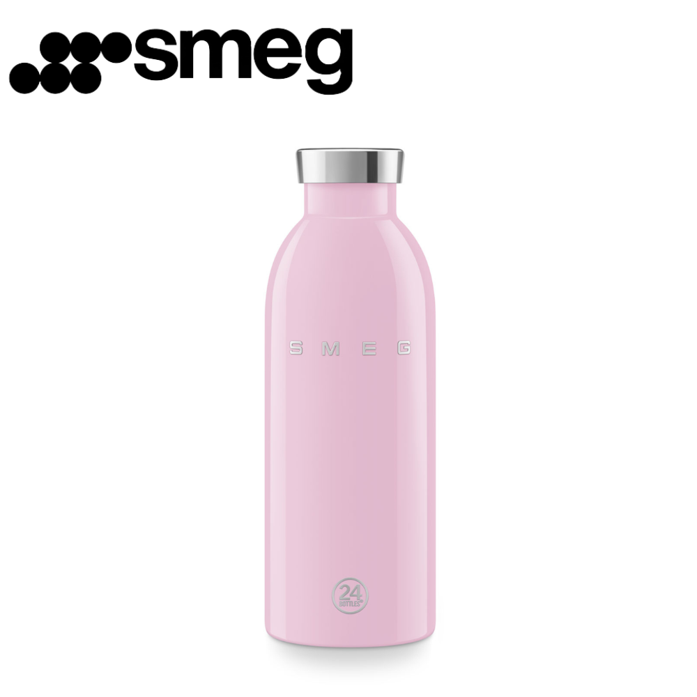 Pink water bottle with silver cap on a white background