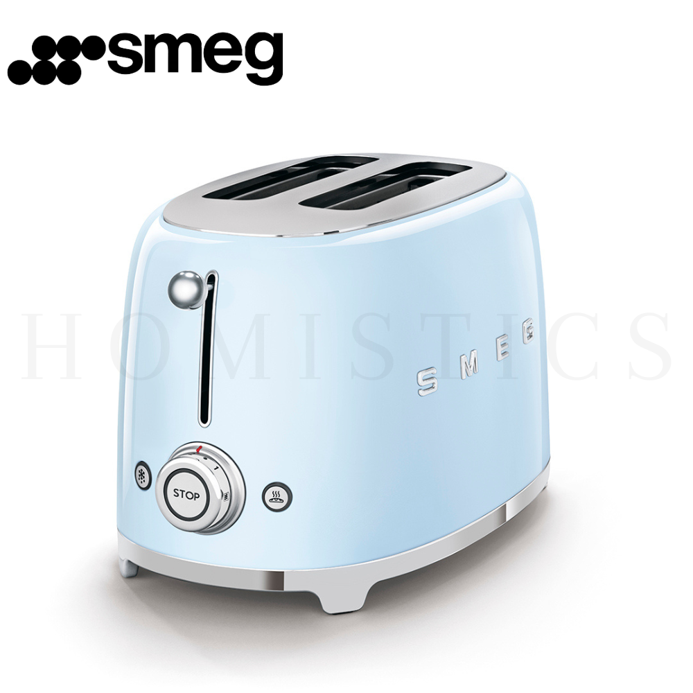 SMEG Retro 2 Slice Toaster Pastel Blue Front View – 1950s Style Kitchen Appliance