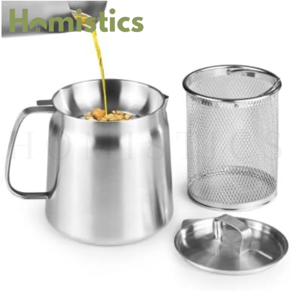 1.5 Litre Stainless Steel Oil Strainer Pot with Fine Mesh Filter