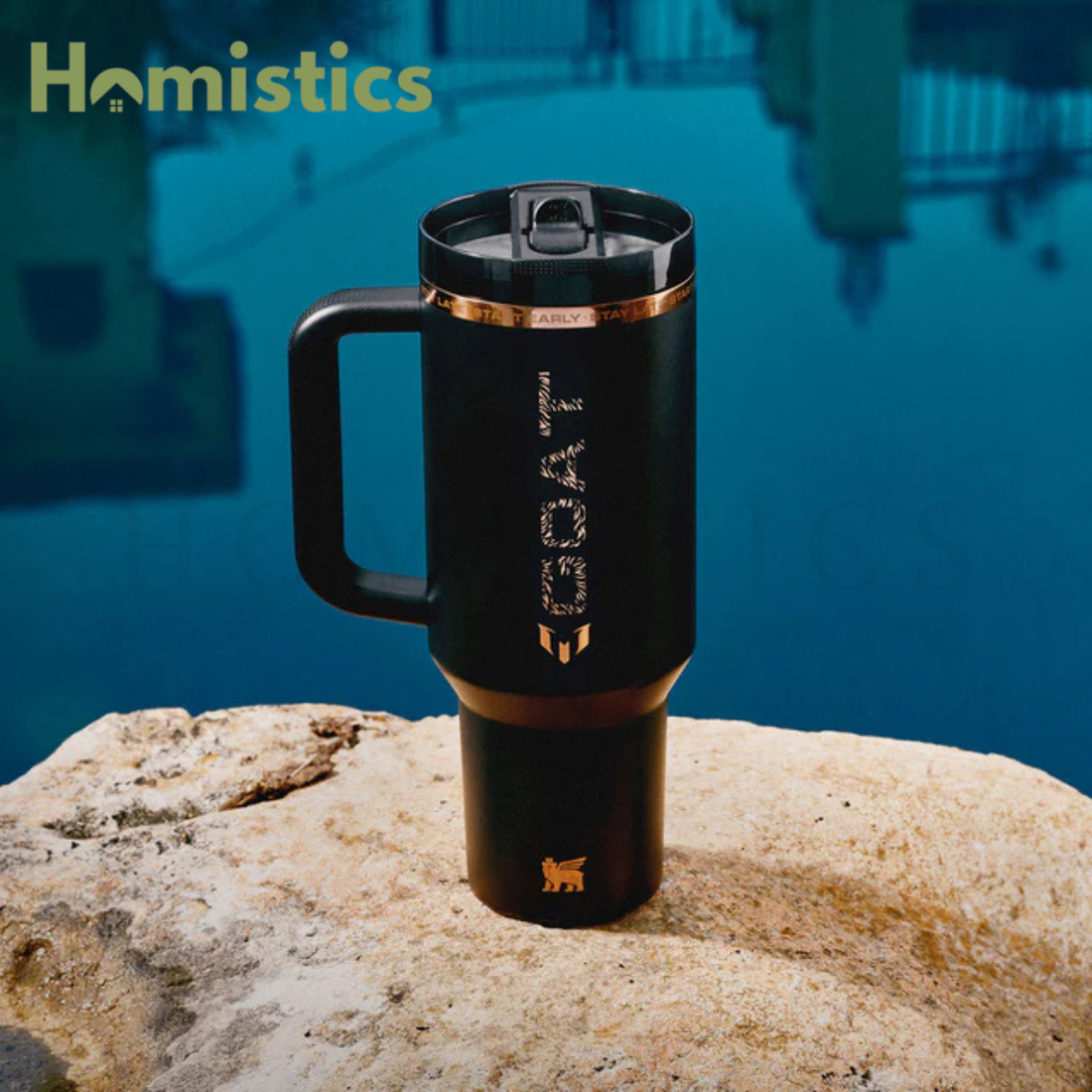 ALT: Stanley x Messi Quencher ProTour Flip Straw Tumbler 40oz GOAT Black front view